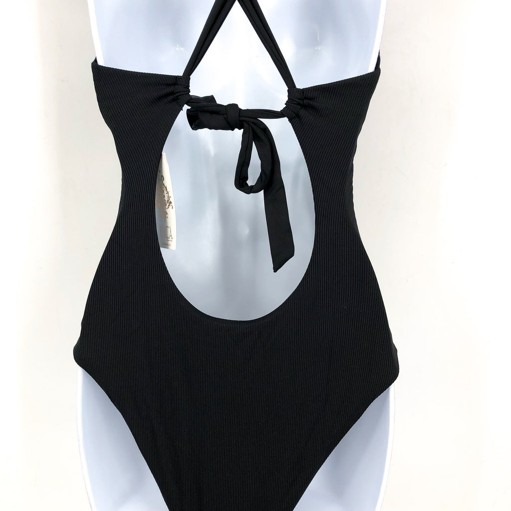 BECCA Women's Modern Edge Gia One Piece Swimsuit Medium Black Lace Up Corset NWT
