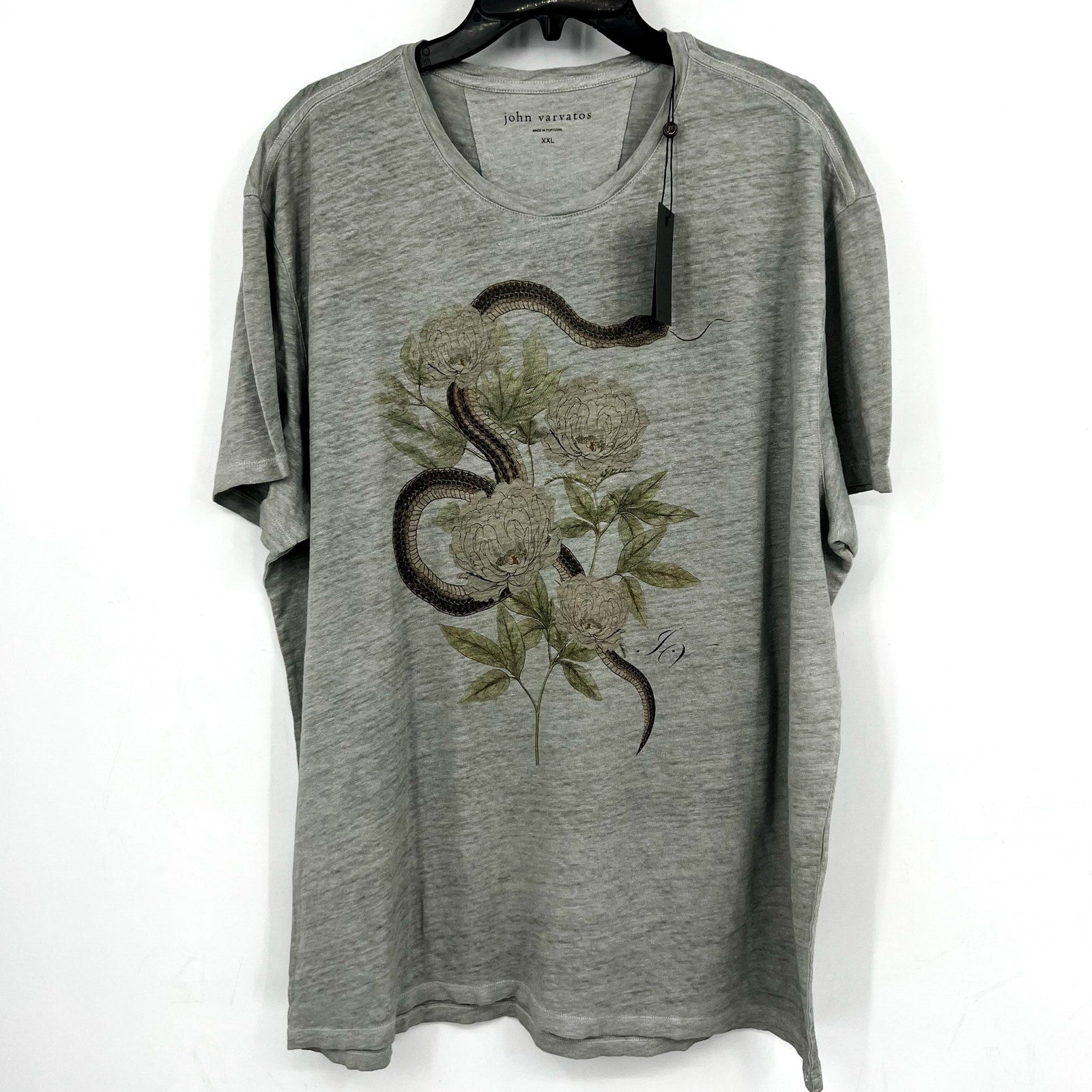 JOHN VARVATOS Men's Snake Floral Crew Tee XXL Pearl Grey Linen Short Sleeve NWT
