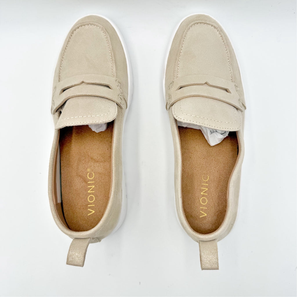 VIONIC Womens Uptown Loafers Size 7.5 M Gold Shimmer Leather Slip-ons NWOB