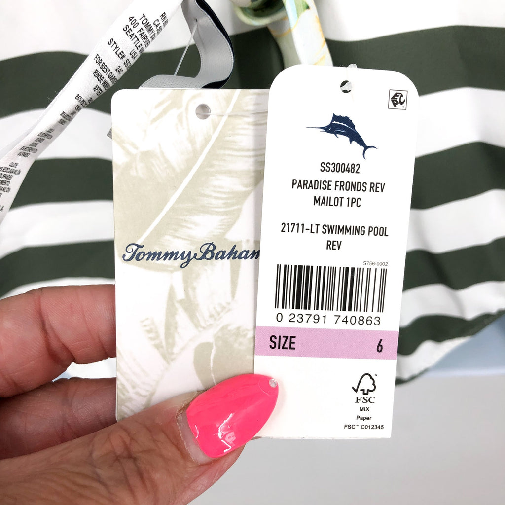TOMMY BAHAMA Paradise Frond Reversible One-Piece Swimsuit Size 6 Green White NWT