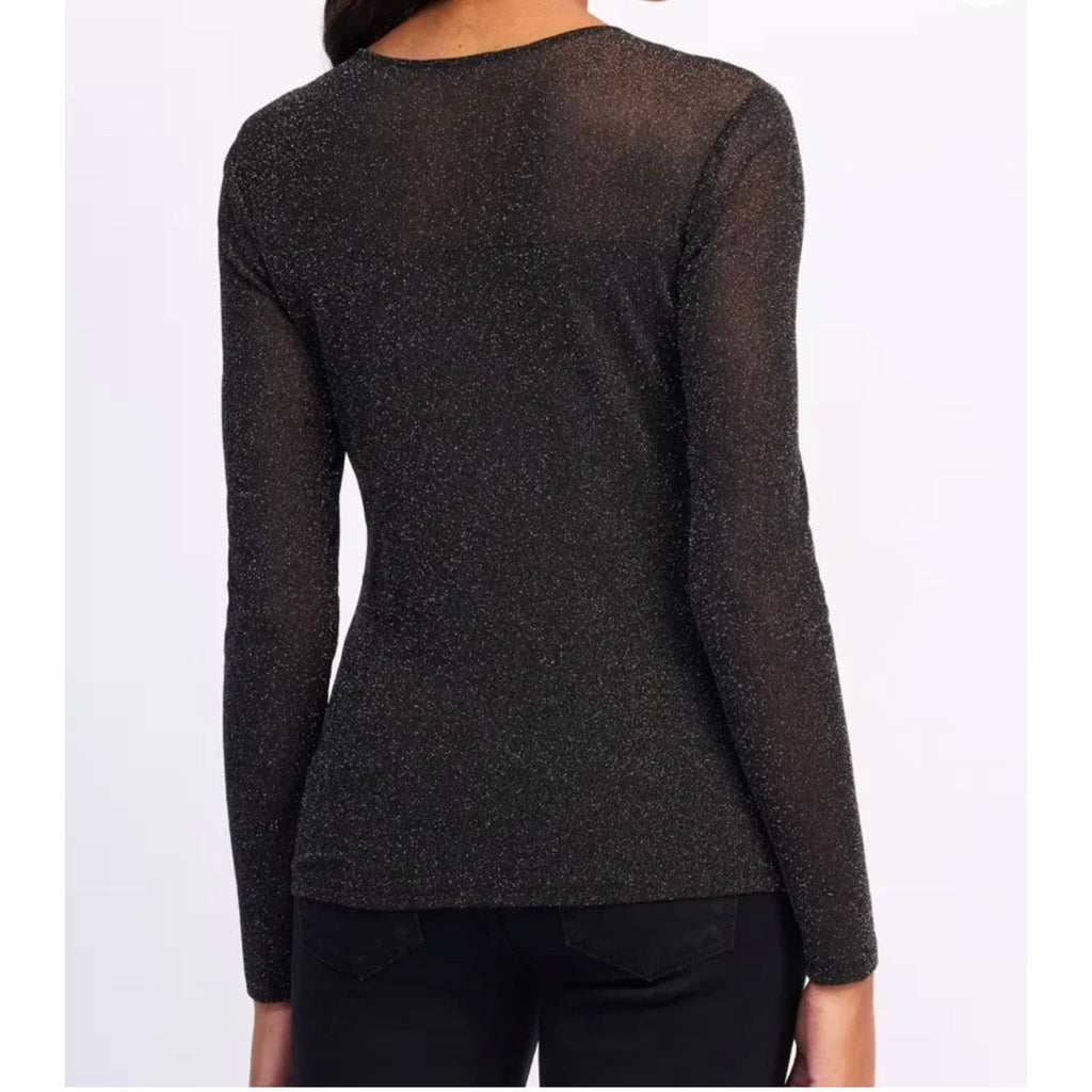 LES SEREIN Long Sleeve Glitter Mesh Sheer Top Small Black Silver Metallic NWT