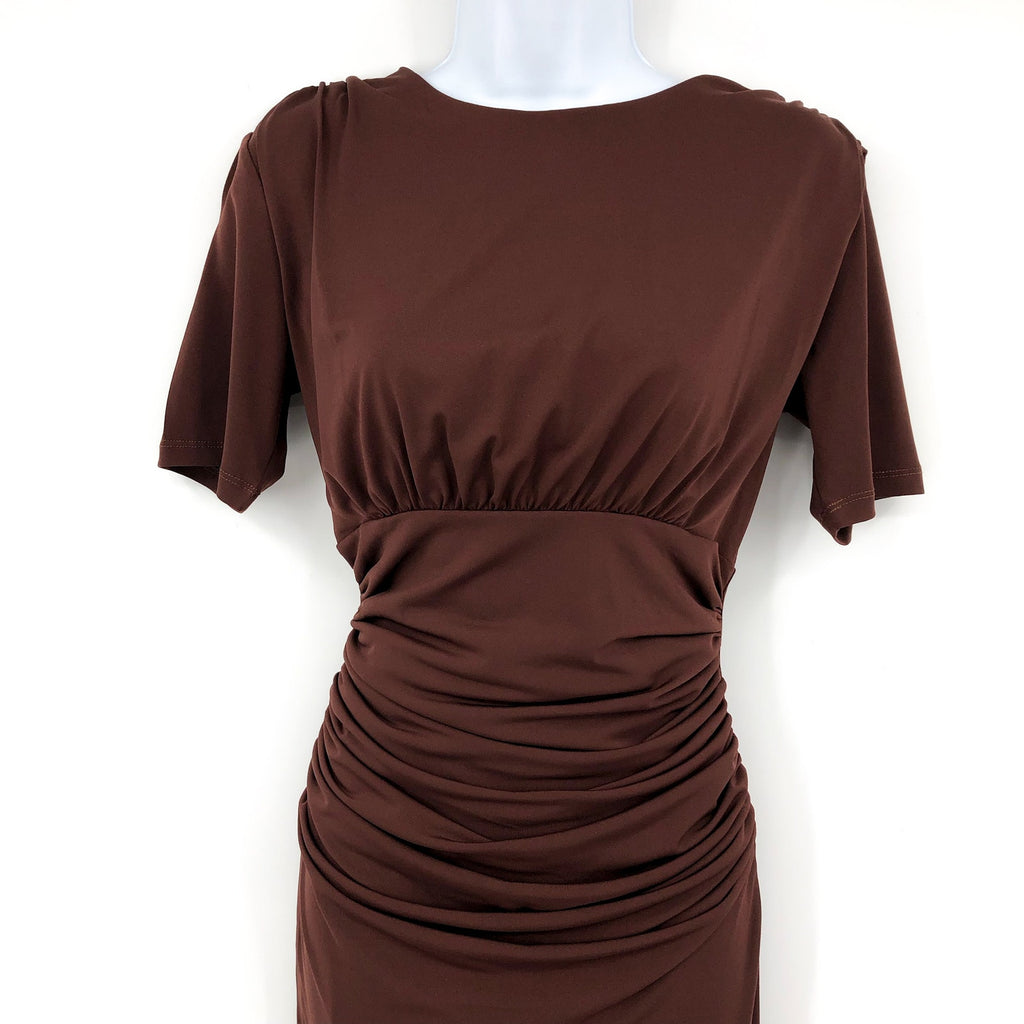 ALEXIA ADMOR Keaton Ruched Sheath Midi Dress Small Brown Short Sleeve NWT