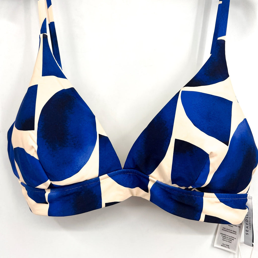 SEAFOLLY Women's Sunray Banded Bralette Bikini Top Size 12 Blue Geometric NWT