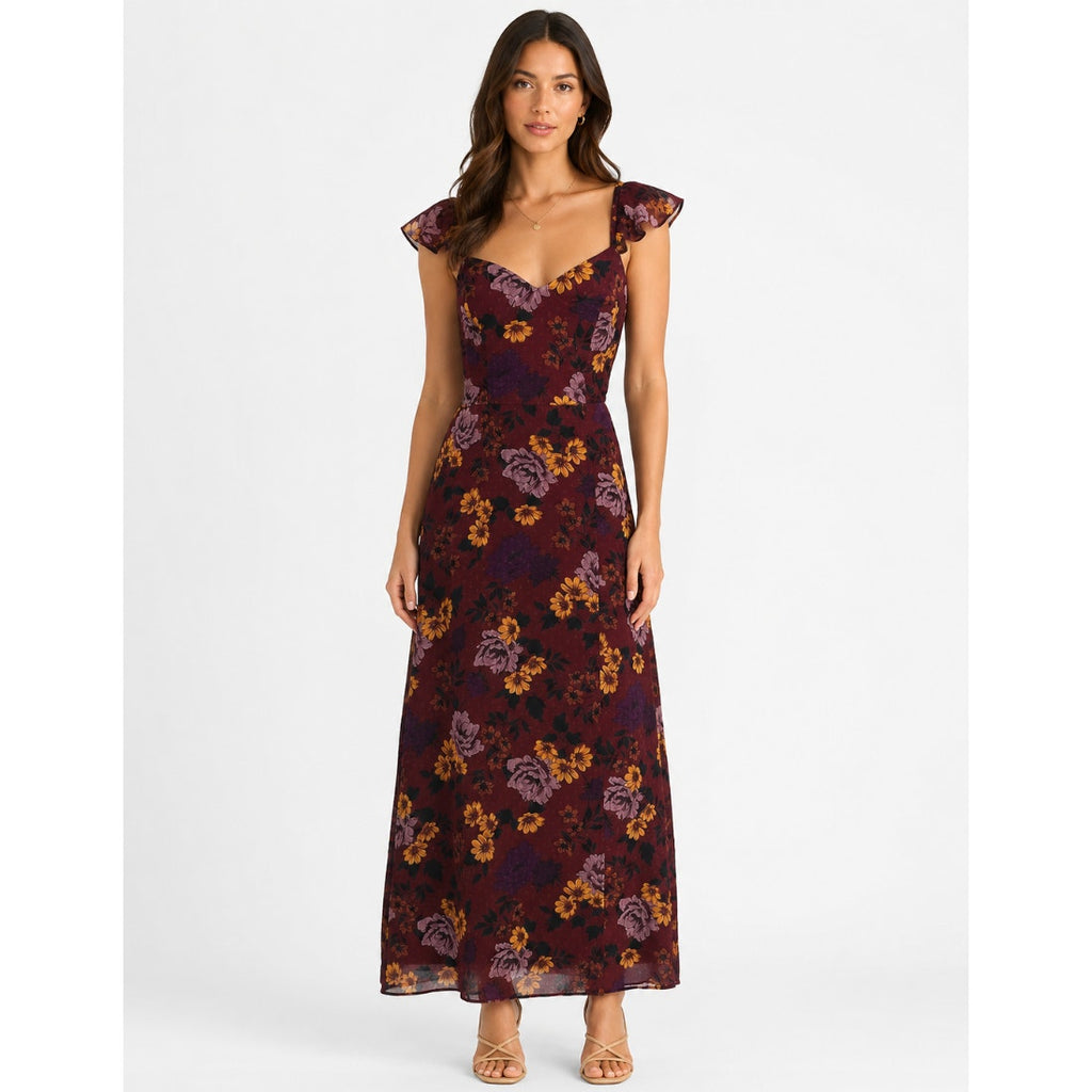 THE GENERAL GOOD Womens Floral Maxi Dress Small Dark Red Cap Sleeve NWOT