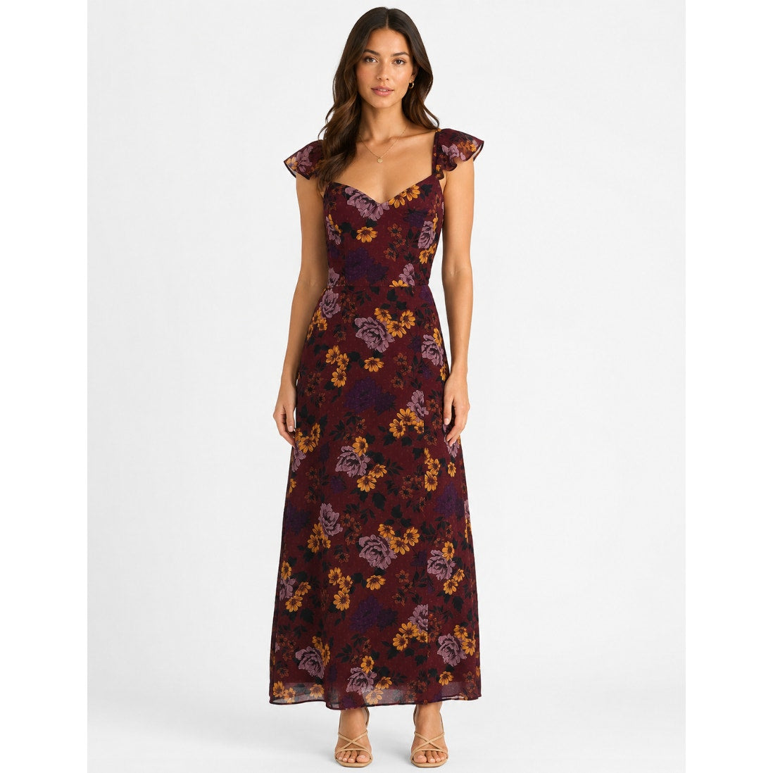 THE GENERAL GOOD Womens Floral Maxi Dress Small Dark Red Cap Sleeve NWOT