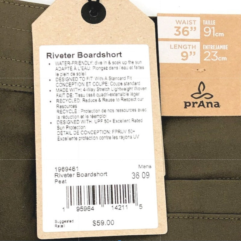 PRANA Men's Riveter Board Shorts Size 36 Peat Green 9" Inseam UPF 50+ NWT