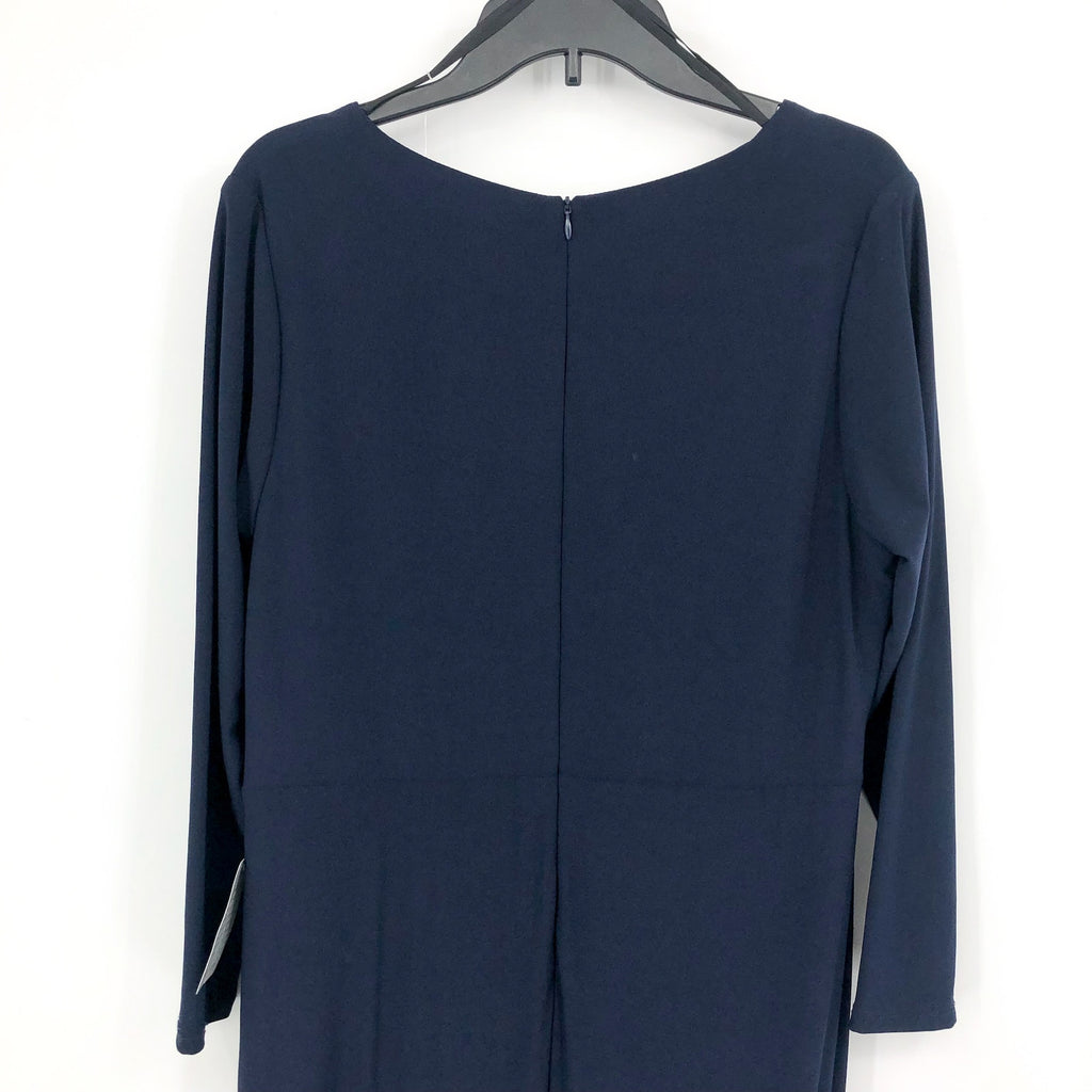 BETSY & ADAM Elle Long Sleeve Gown Size 16W Navy Blue Side Ruffled Slit NWT
