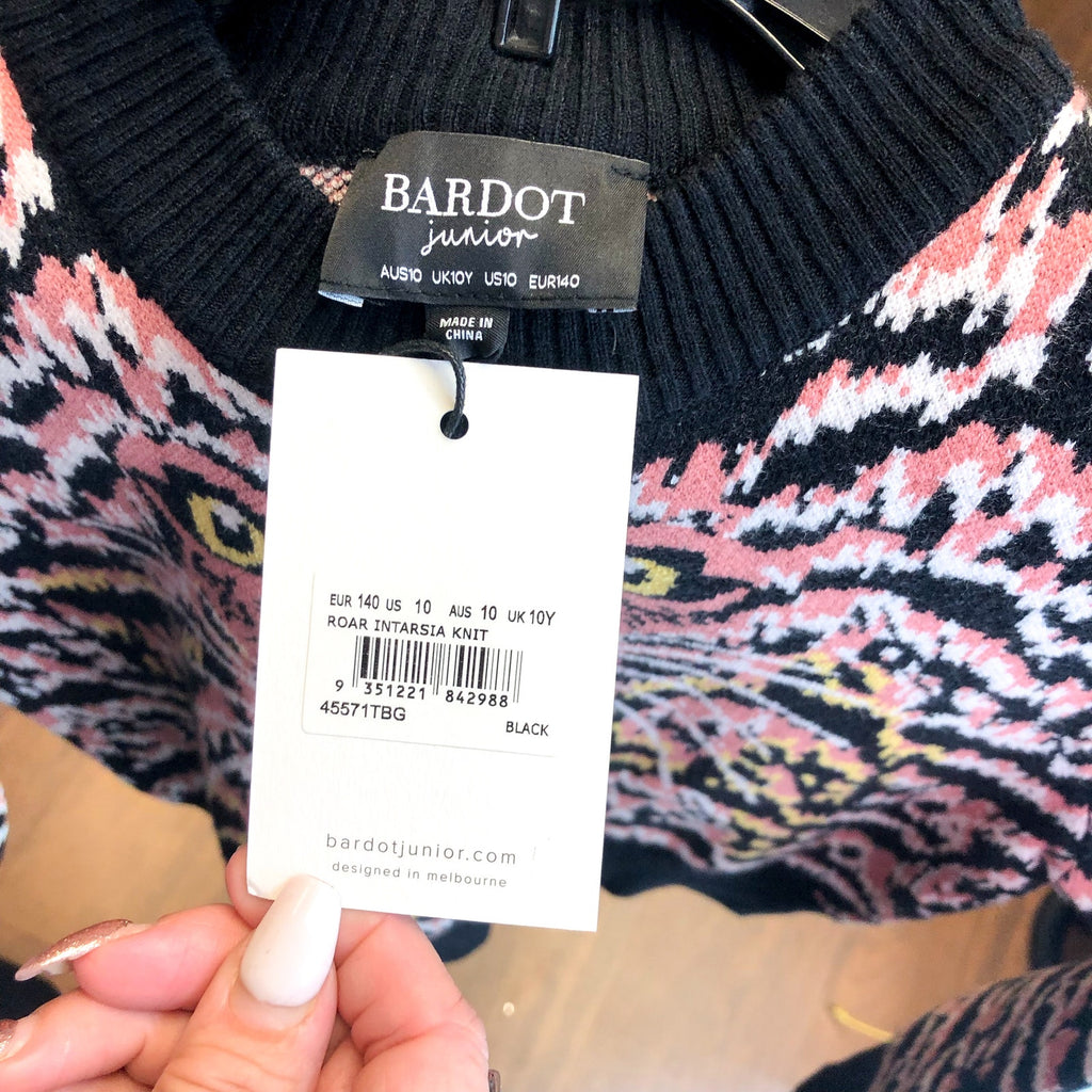 BARDOT JUNIOR Girl's Roar Intarsia Knit Crewneck Sweater Size 10 Black Lion NWT