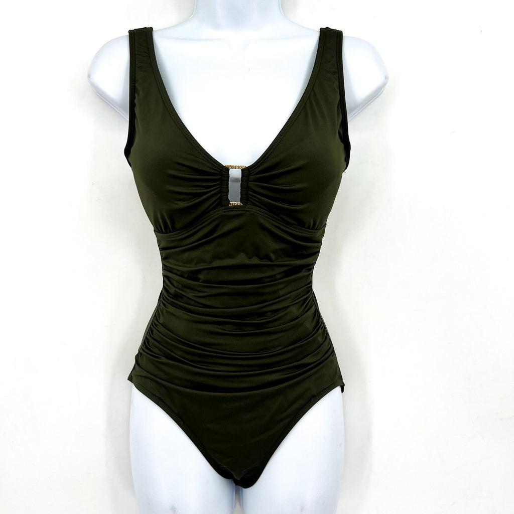 LAUREN RALPH LAUREN Ring One Piece Swimsuit Size 12 Olive Green OTS NWT