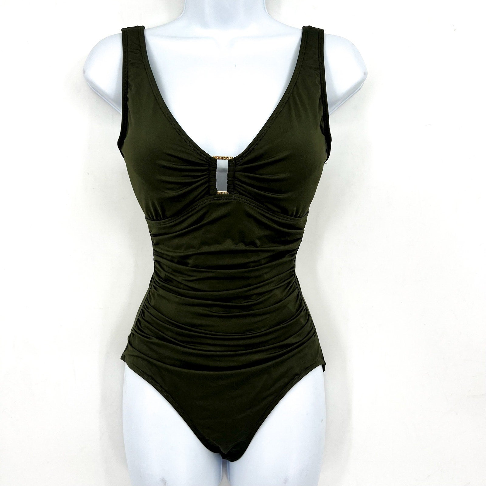 LAUREN RALPH LAUREN Ring One Piece Swimsuit Size 12 Olive Green OTS NWT