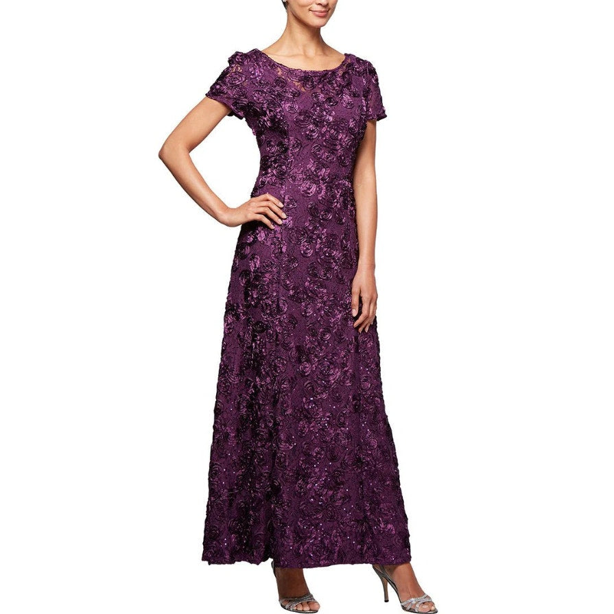 ALEX EVENINGS Women's Rosette Lace A-Line Gown Size 12 Purple Eggplant NWT