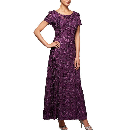 ALEX EVENINGS Women's Rosette Lace A-Line Gown Size 12 Purple Eggplant NWT