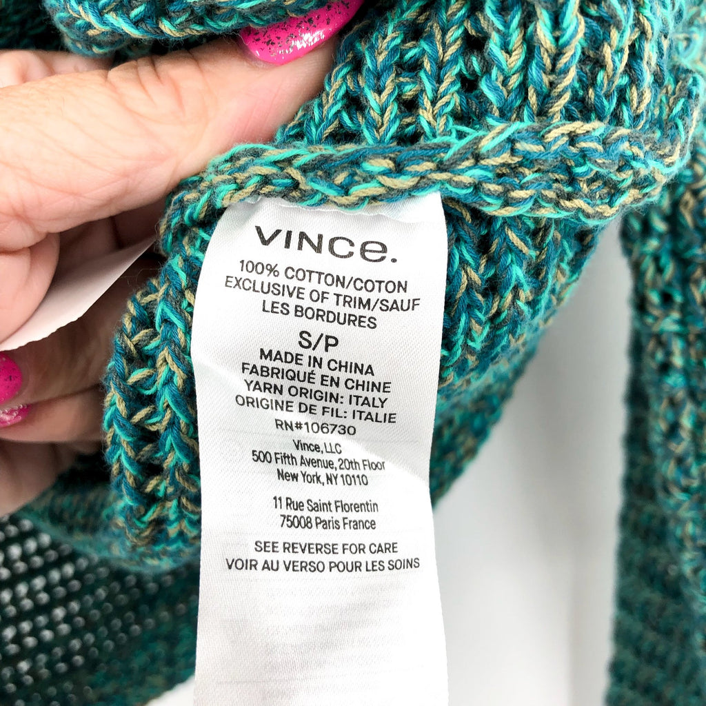 VINCE Women's Marled Crochet Cardigan Green Marl Small V-Neck Cotton NWT