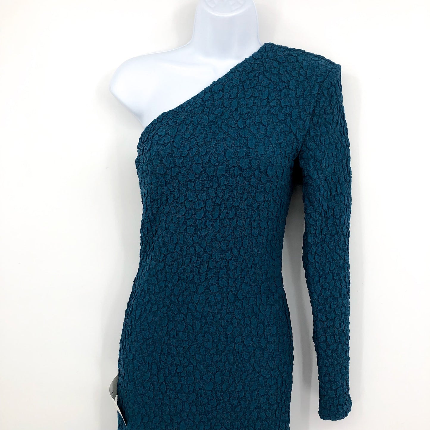 BARDOT Women's Crinkle One Shoulder Long Dress US 4 Teal Blue Long Sleeve NWT