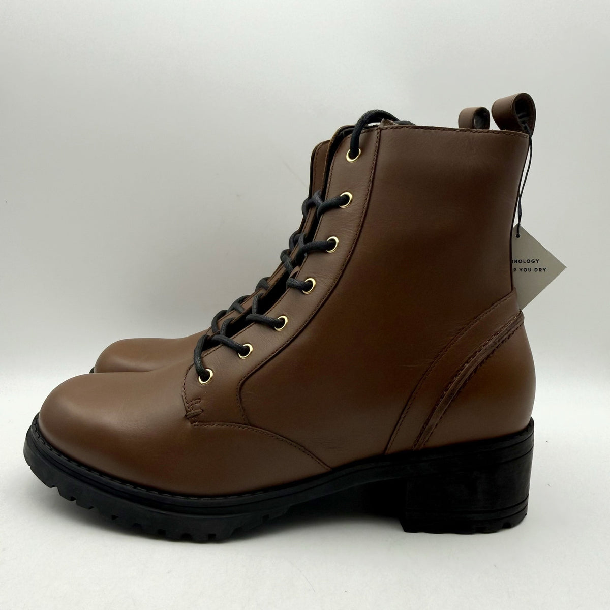 Cole Haan Womens Camea Combat Boots US 7 Brown Leather Zip Side Waterproof NWOB