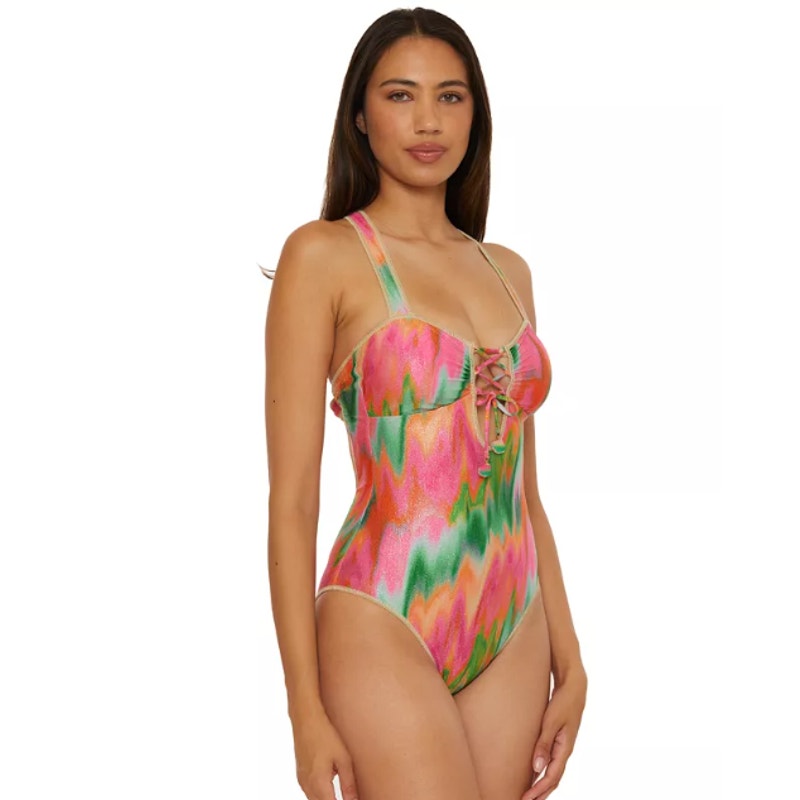 BECCA Women's Mirage Metallic One-Piece Swimsuit Medium Pink Green Lace-Up NWOT