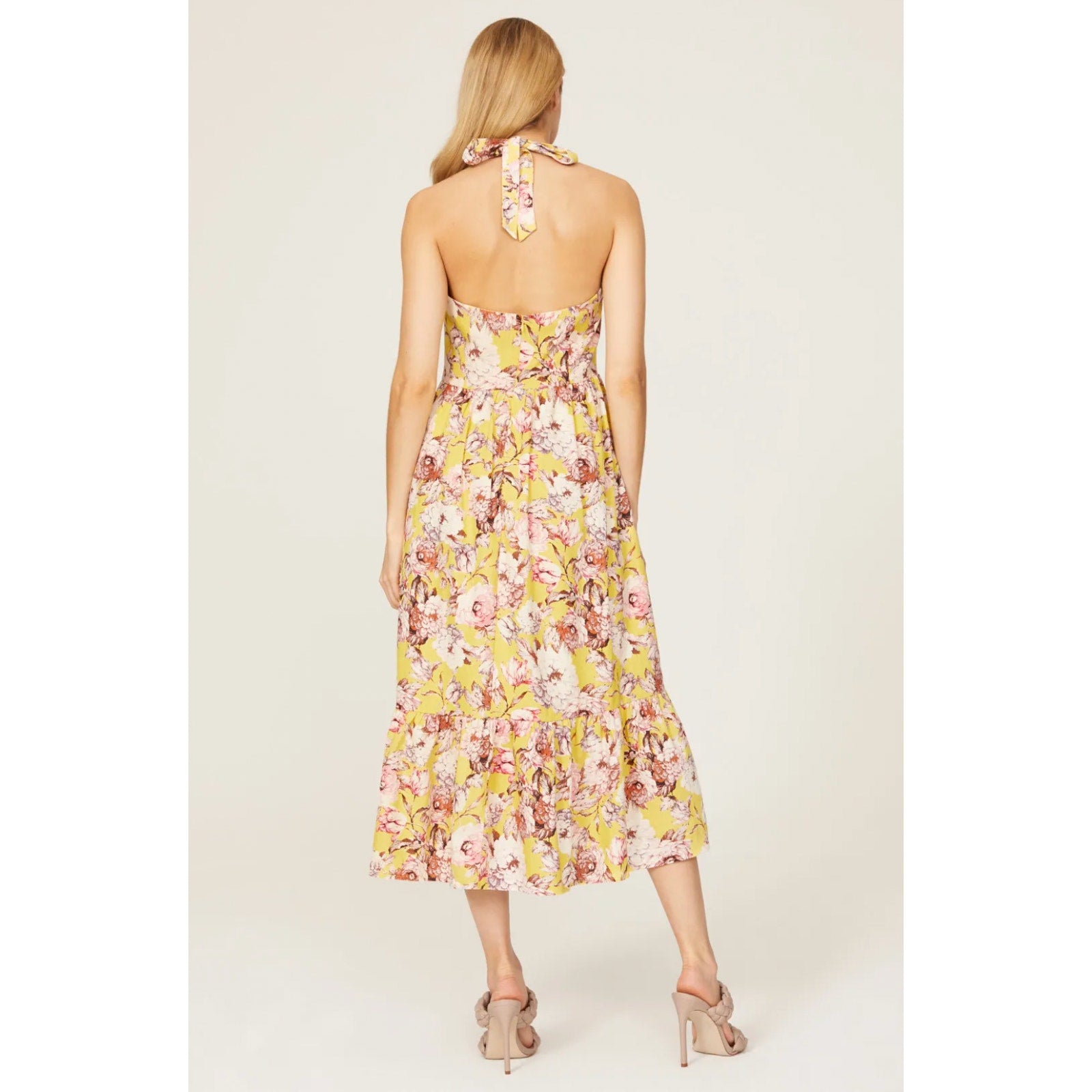 BARDOT Womens Labella Midi Dress US 2 XS Tropical Yellow Floral-Print Halter NWT