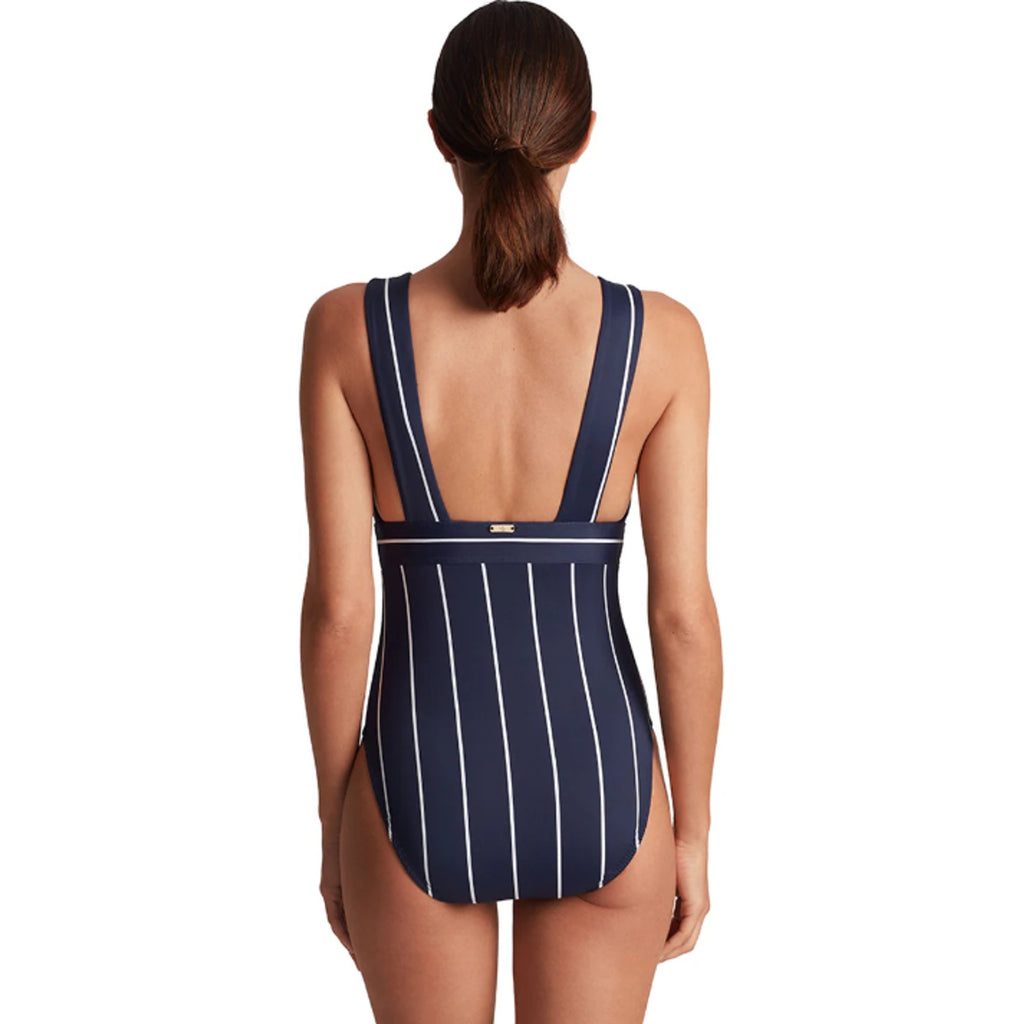 LAUREN RALPH LAUREN Villa Stripe VNeck One Piece Swimsuit Size 16 Blue White NWT