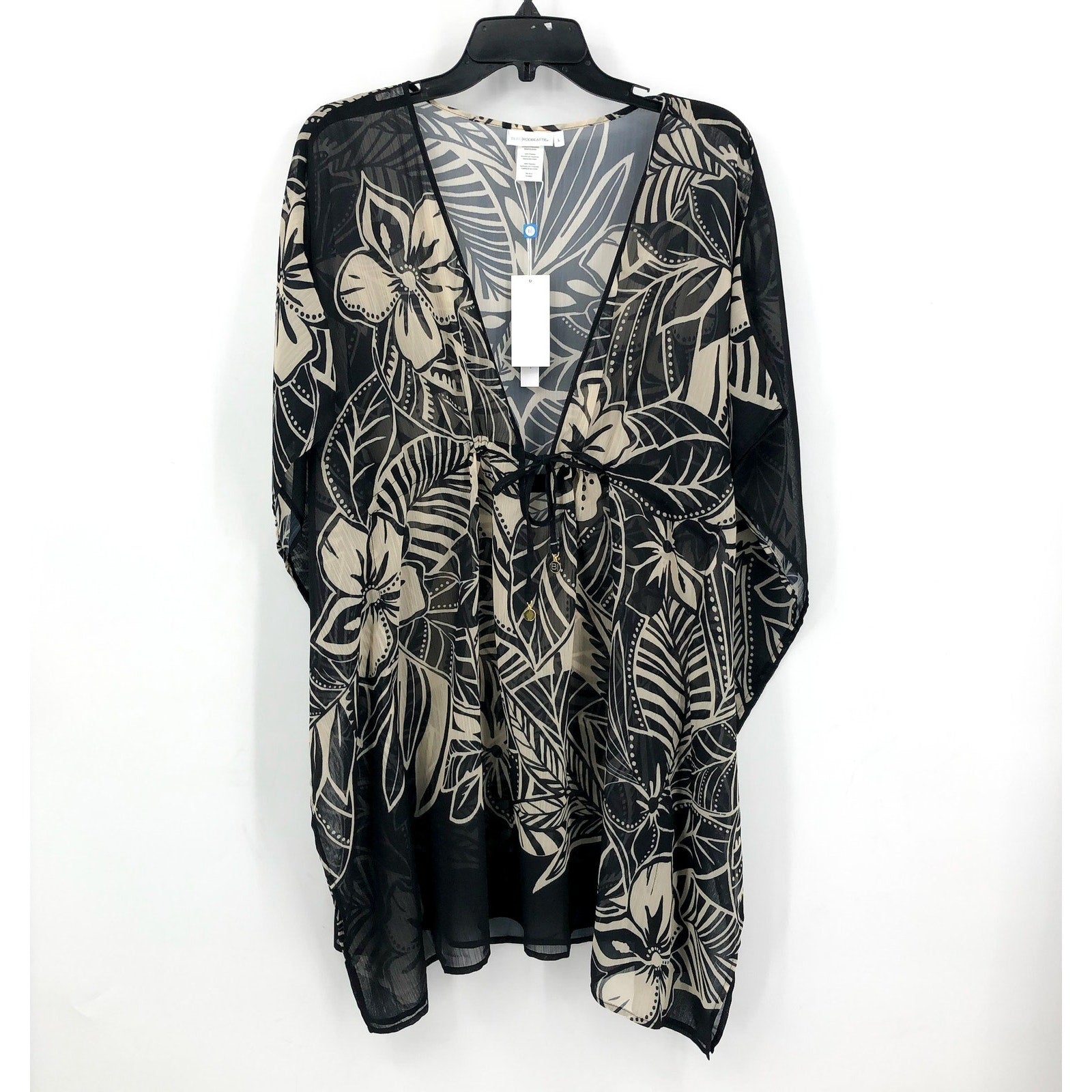 BLEU ROD BEATTIE Womens Ciao Bella Tunic Cover Up Large Black Floral Chiffon NWT