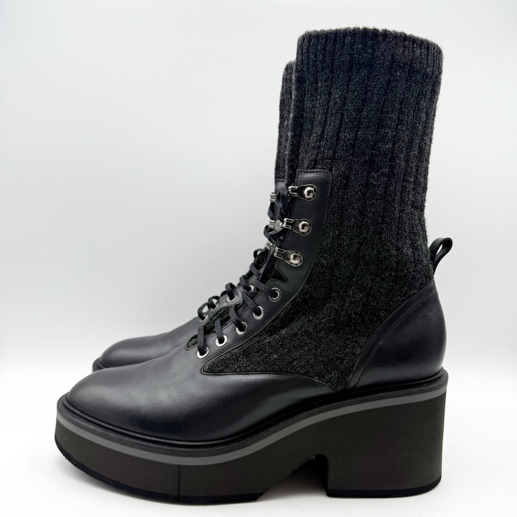 Robert Clergerie Womens Ancel Boots Size 10 EU 40 Black Calfskin Knit Combat NIB