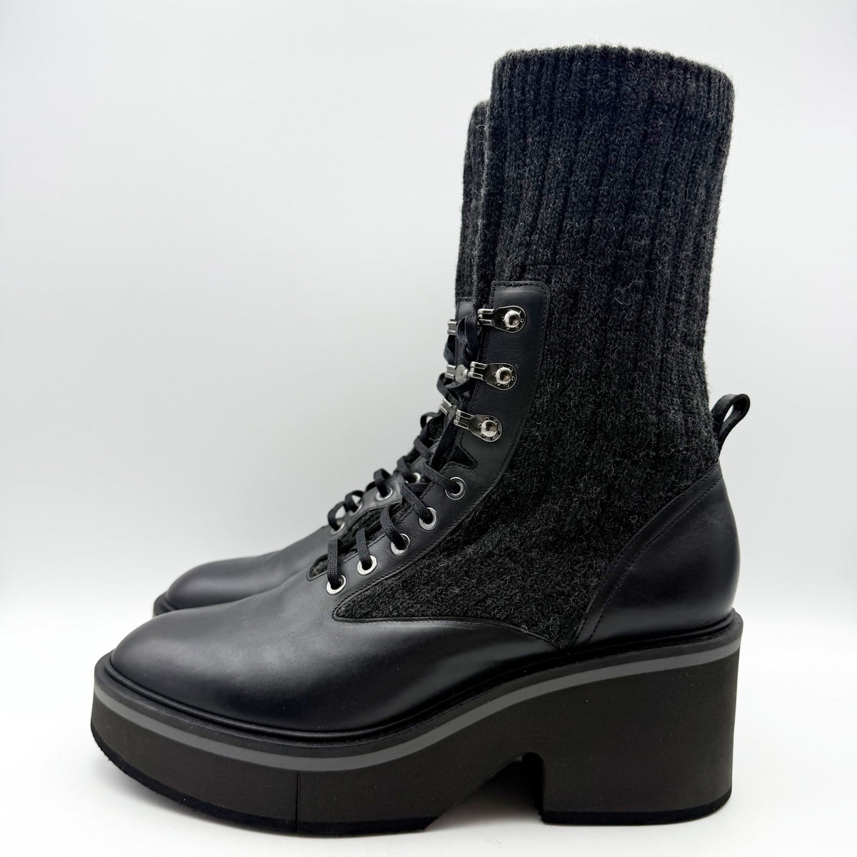 Robert Clergerie Womens Ancel Boots Size 10 EU 40 Black Calfskin Knit Combat NIB
