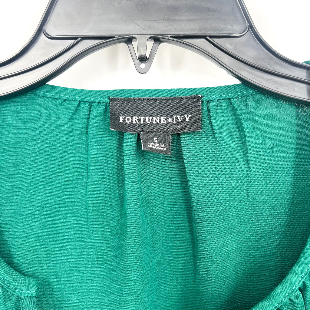 FORTUNE + IVY Womens Boho Top Small Hunter Green Tiered Sleeve NWOT