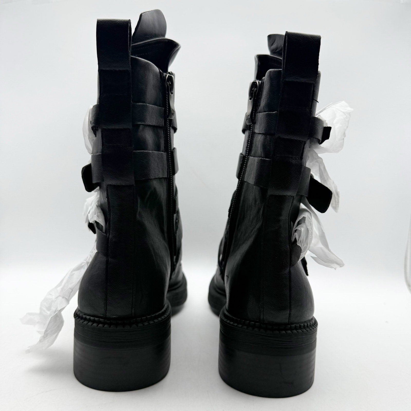 DKNY Womens Ita Buckled Combat Boots US 9.5 EU 40.5 Black Leather NIB