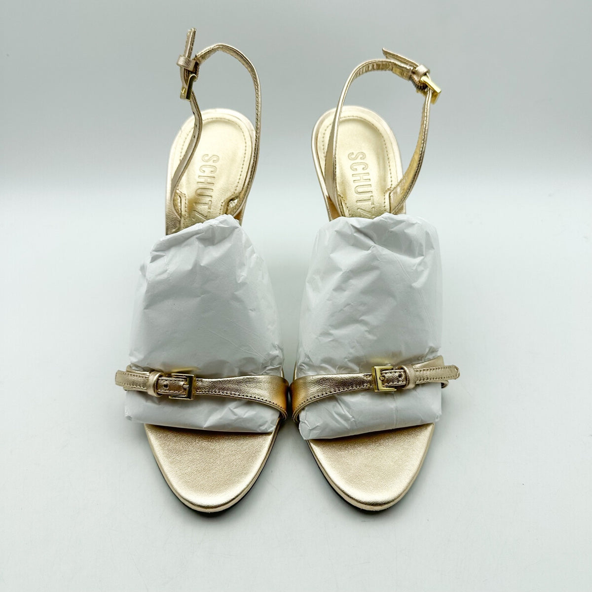 SCHUTZ Womens Aurora Sling Heeled Sandals Size 7.5 Platina Gold Stiletto NWOB