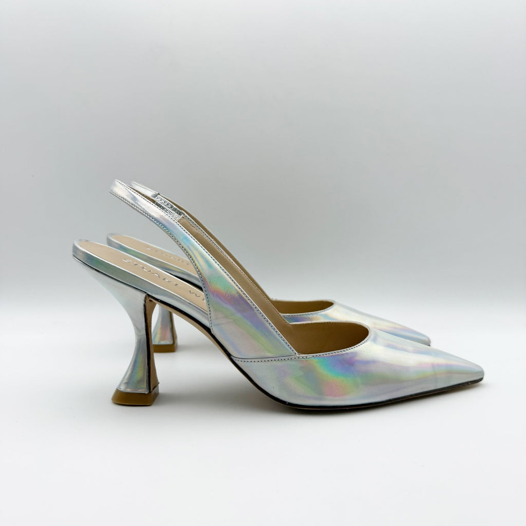 Stuart Weitzman Womens Xcurve 85 Slingback Heels US 6.5 Silver Sling Back NWOB
