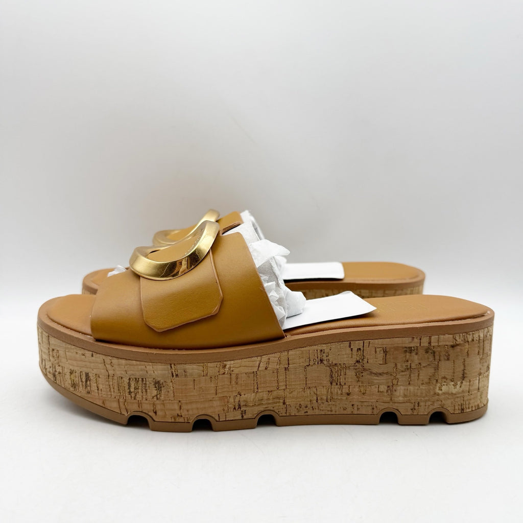 Franco Sarto Womens Hoda Cork Platform Slide Sandals US 6.5 M Tan Leather NWOB