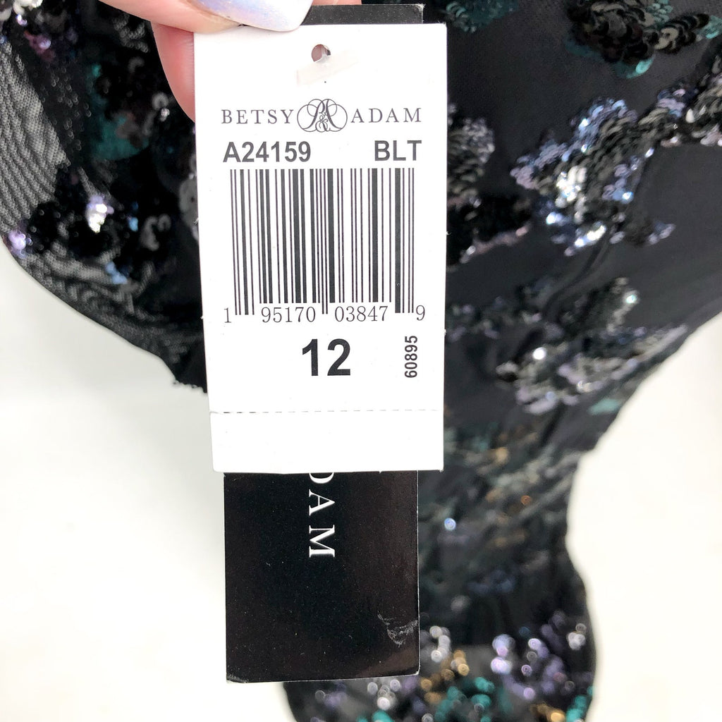 BETSY & ADAM Long Long Sleeve Floral Sequin Gown Size 12 Black & Teal NWT