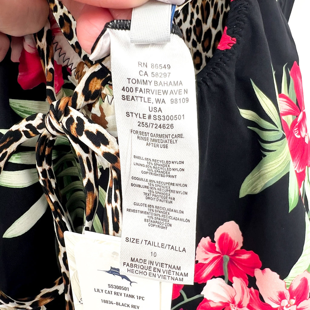 TOMMY BAHAMA Lily Cat Reversible One Piece Swimsuit Size 10 Black Leopard NWT