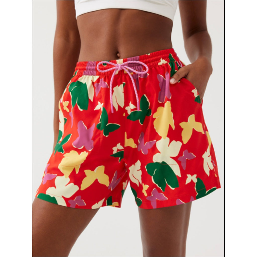 OUTDOOR VOICES Women SolarCool 5" Beach Shorts Small Red Butterfly Floral NWT