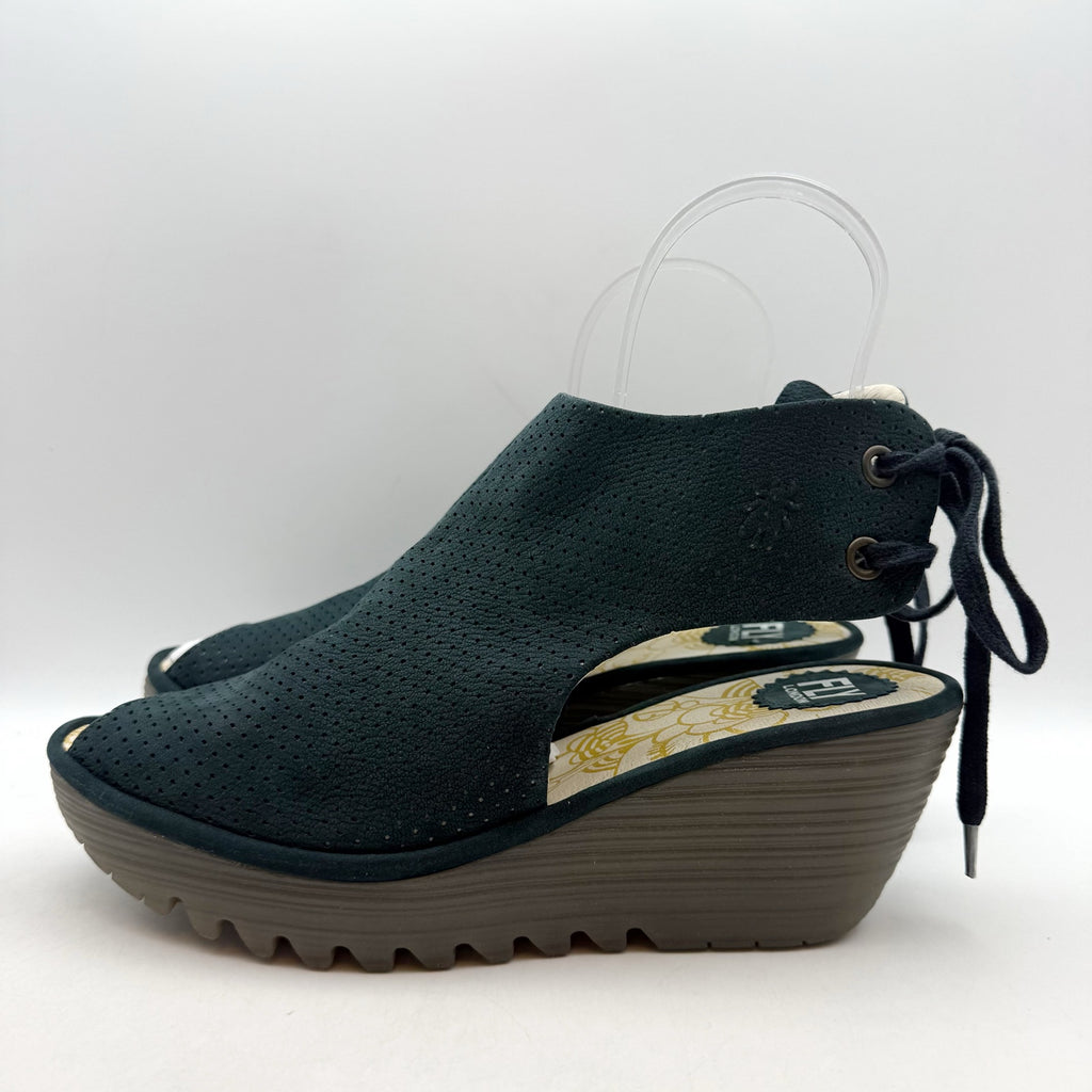 Fly London Womens Ypul799fly Wedge Sandal EU 42 US 11-11.5 Green Blue Suede NWOB