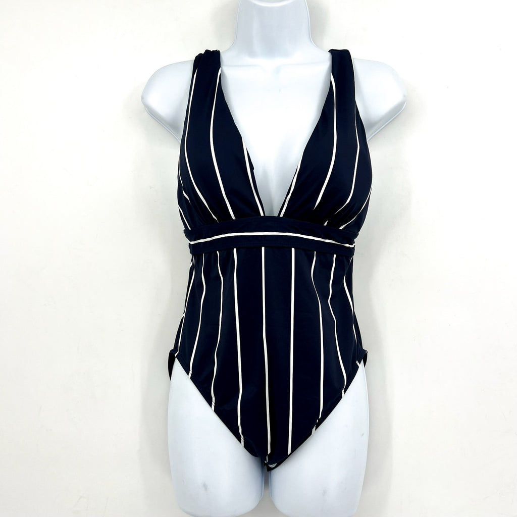 LAUREN RALPH LAUREN Villa Stripe VNeck One Piece Swimsuit Size 16 Blue White NWT