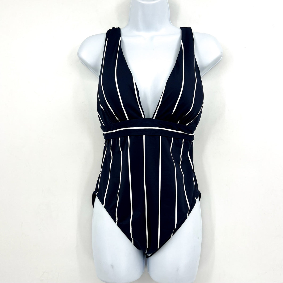 LAUREN RALPH LAUREN Villa Stripe VNeck One Piece Swimsuit Size 16 Blue White NWT