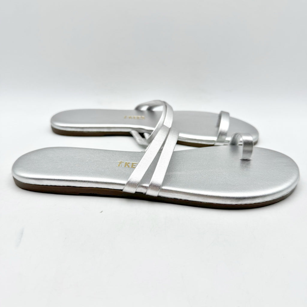 TKEES Womens Leah Slide Sandals Size 5 EU 36 Silver Slip On Flat NWOB