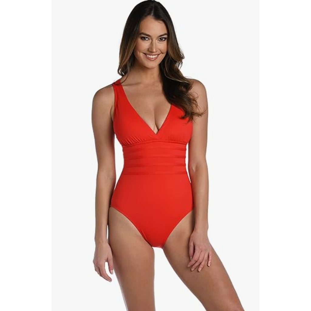 LA BLANCA Island Goddess One Piece Swimsuit Size 12 Cherry Red Cross Back NWT