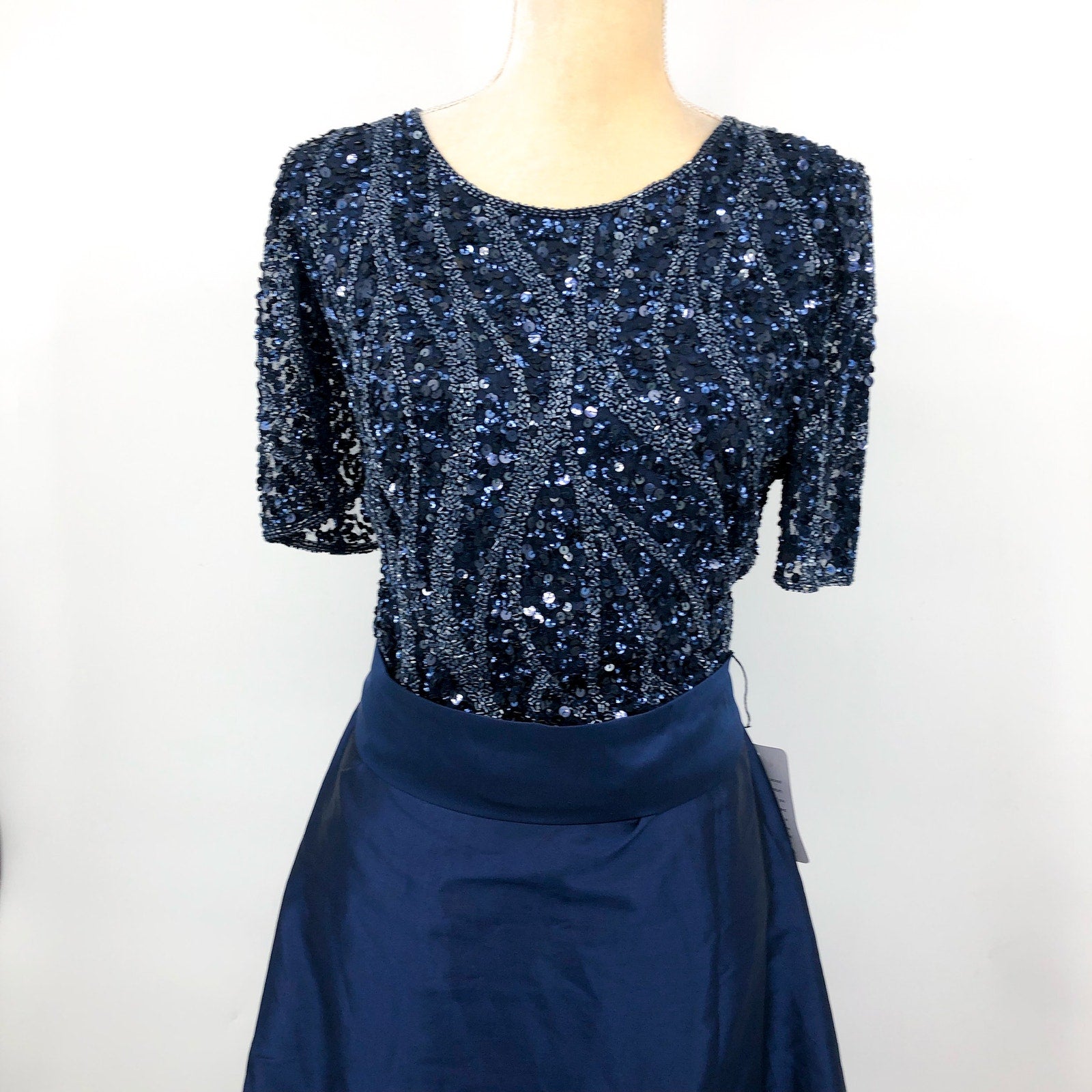 PISARRO NIGHTS Beaded Sequin Taffeta Skirt Gown 18W Navy Blue NWT