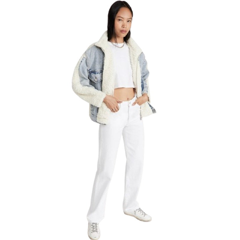 BLANKNYC Womens Denim & Faux Shearling Trucker Jacket XS Cream Blue Bear Hug NWT