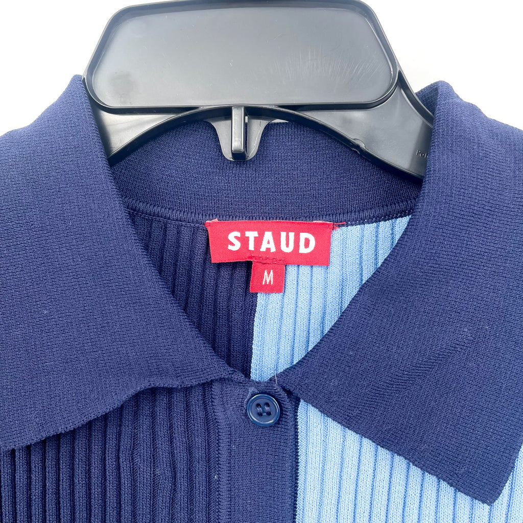 STAUD Women's Brice Bicolor Polo Shirt Medium Blue Colorblock Ribbed Knit NWOT