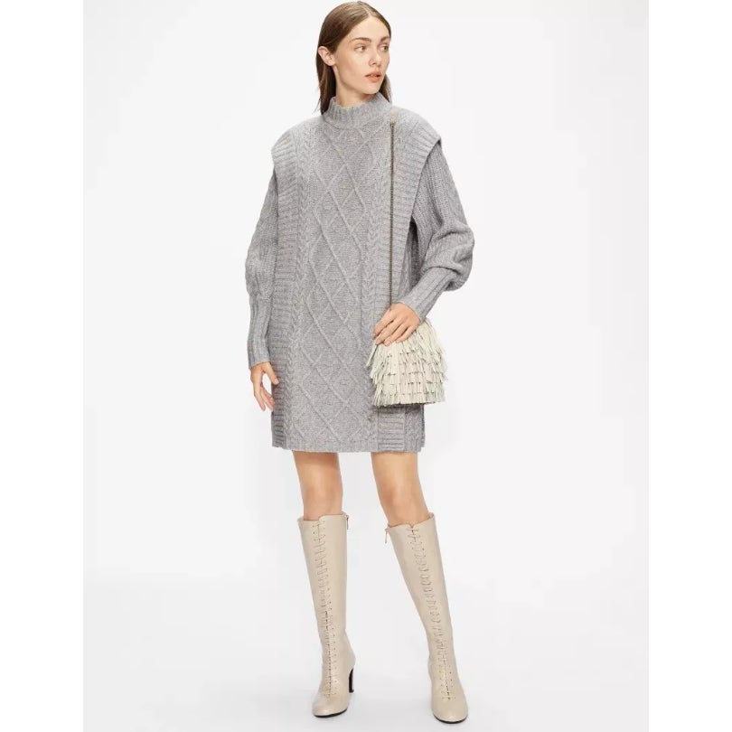 TED BAKER Women's Arriaa Cable Sweater Dress US 8 Ted 3 Grey High Neck NWOT