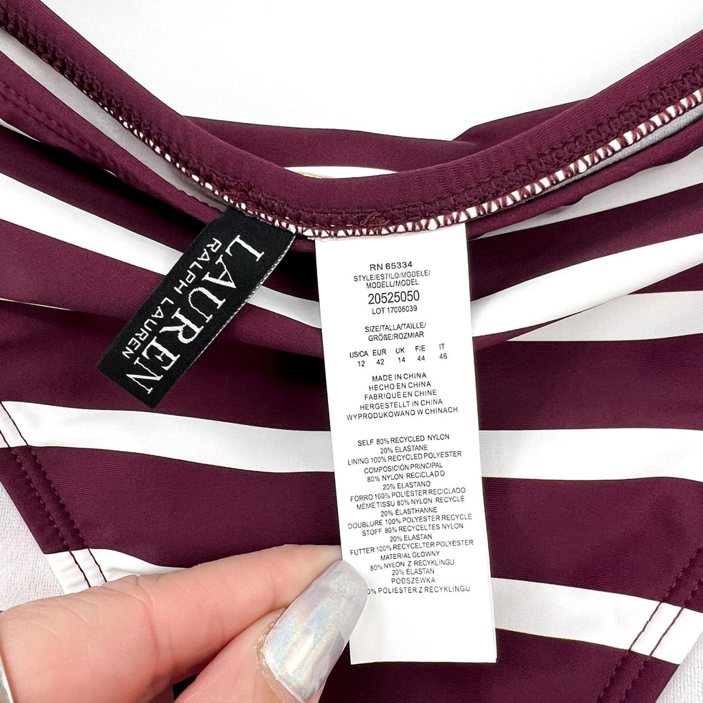 LAUREN RALPH LAUREN Womens Lago Stripe Hipster Bikini Bottom Size 12 Red NWT