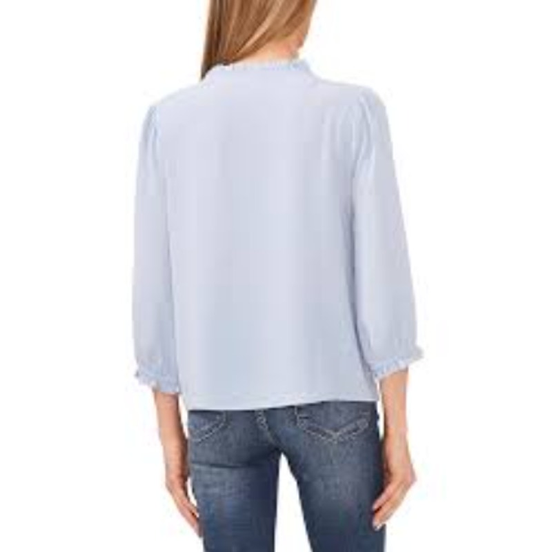 CECE Women's Ruffled Popover Blouse Small Blue Air V Neck 3/4-Sleeve NWT