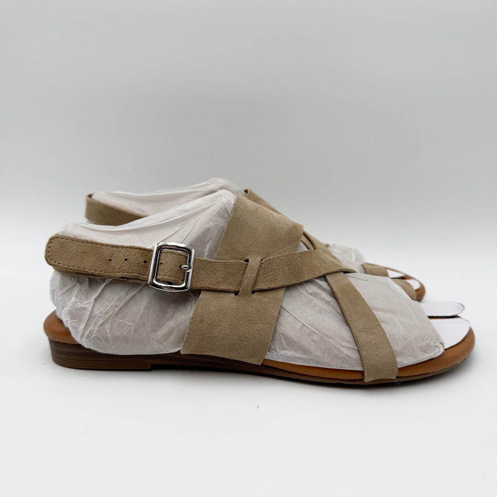 Franco Sarto Womens Gia Flat Sandals Size 7.5 M EU 38 Taupe Tan Suede NWOB