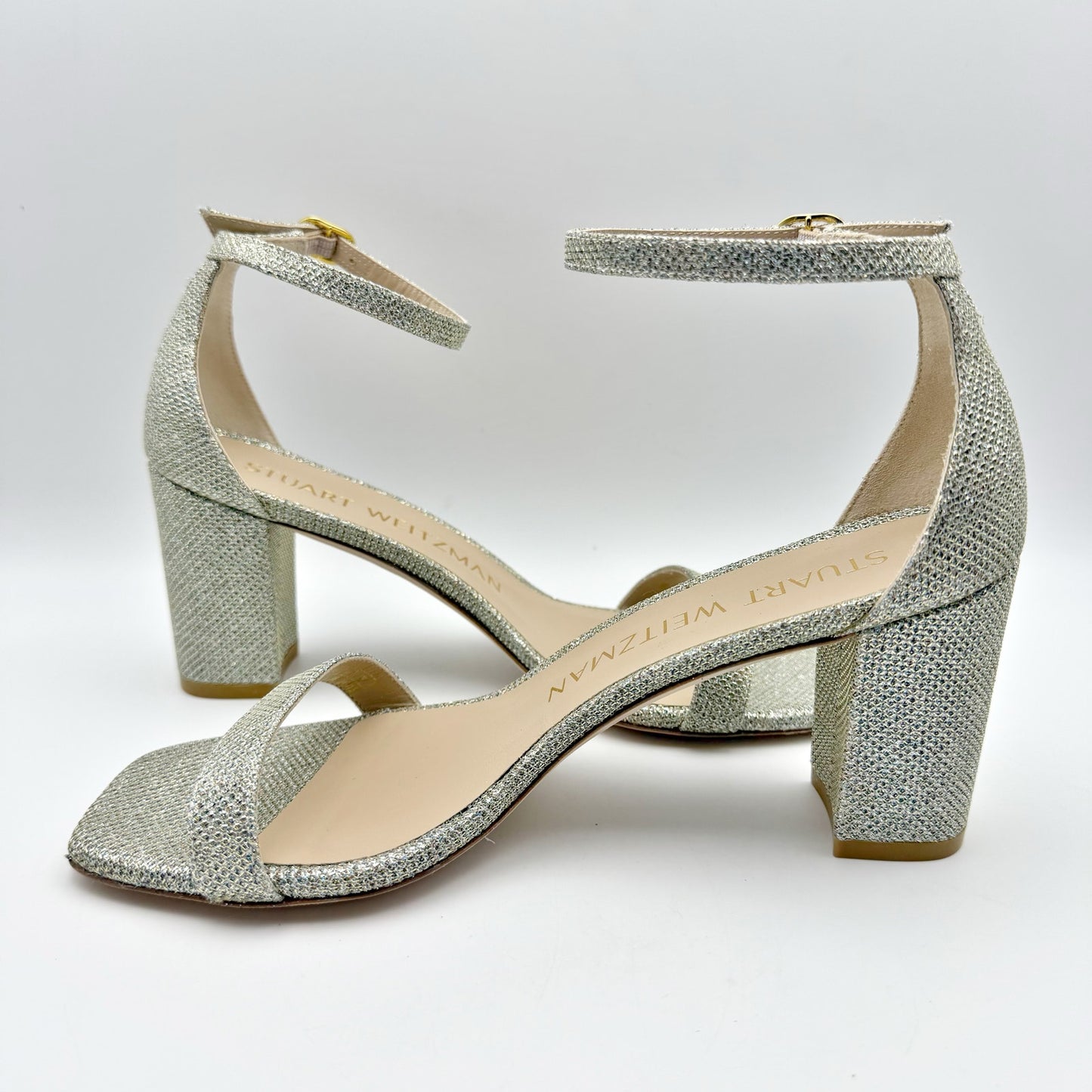 Stuart Weitzman Womens Nudistcurve 75 Block Heeled Sandal US 7.5 B Silver NIB