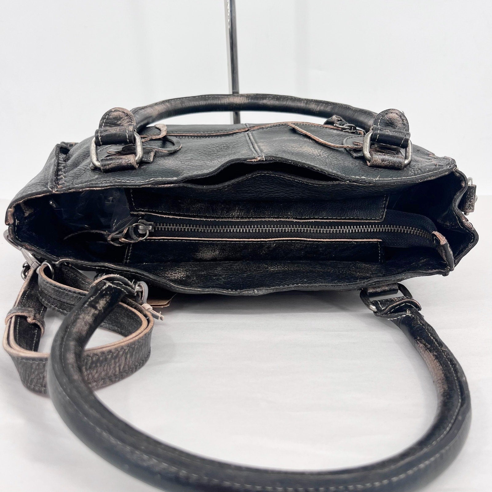Bed Stu Rockababy Leather Shoulder Bag Washed Black Satchel Purse NWT