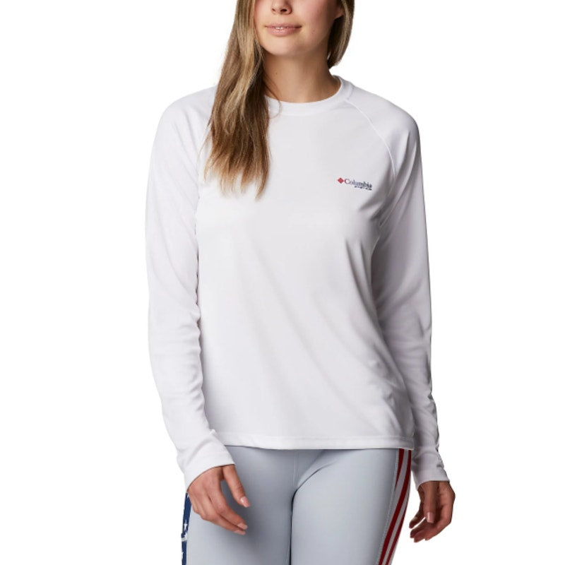 COLUMBIA Women's Tidal Tee PFG Fish Flag T-Shirt Large White USA Long Sleeve NWT