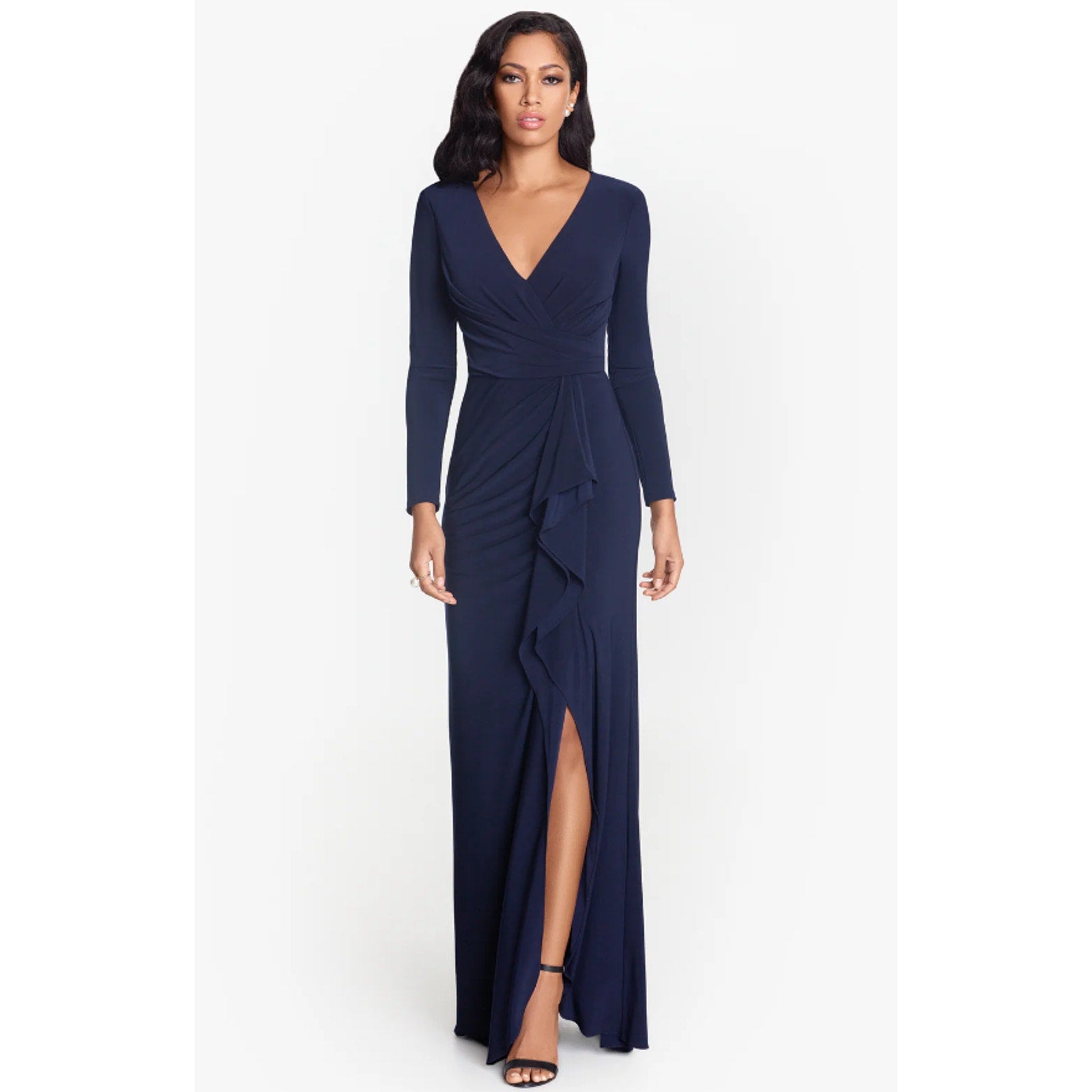 BETSY & ADAM Elle Long Sleeve Gown Size 16W Navy Blue Side Ruffled Slit NWT