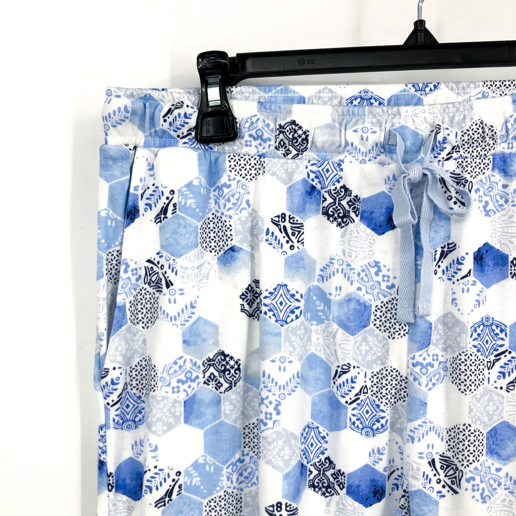 KAREN NEUBURGER Women's Crop Pajama Pants Large White Blue Mosaic NWT
